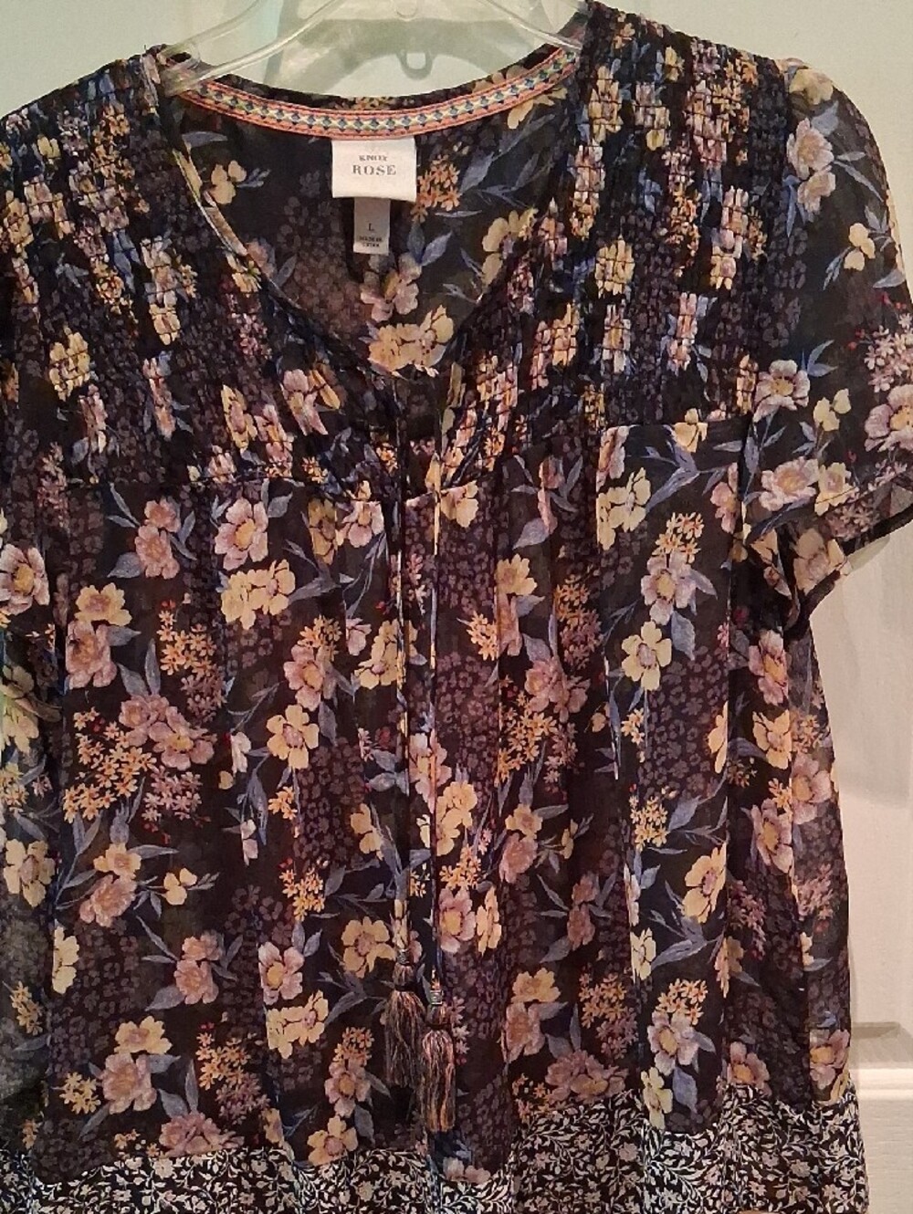 Knox Rose Black Floral Smocked Short Sleeve Blouse with Yellow Trim - Picture 5 of 11